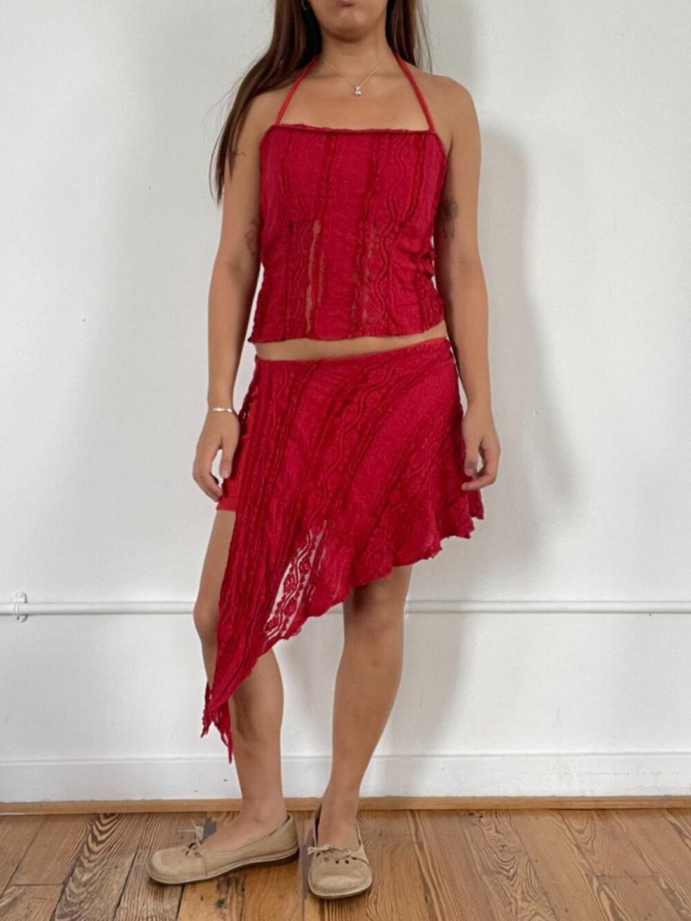 Vintage red lace overlay asymmetric skirt with underlayer